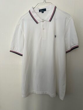 Fred Perry White Polo with Red & Navy Stripe Trim